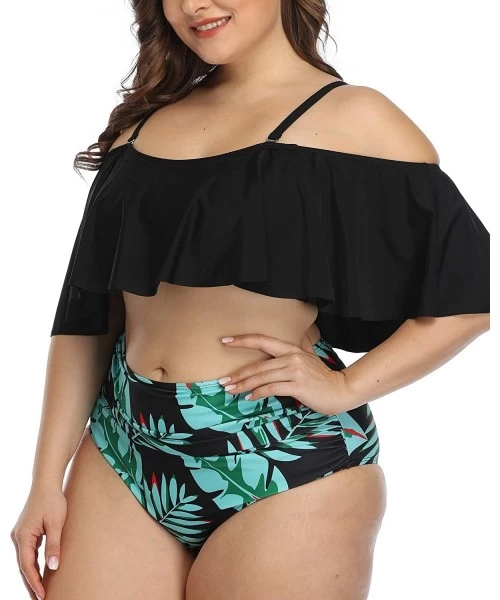 Sets Plus Size Two Piece Swimsuits for Women Off Shoulder Top High Waisted Ruched Bikini - Blue Leaf - C318AHHC6X6