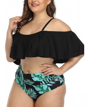 Sets Plus Size Two Piece Swimsuits for Women Off Shoulder Top High Waisted Ruched Bikini - Blue Leaf - C318AHHC6X6