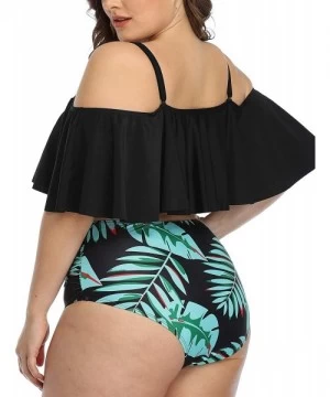 Sets Plus Size Two Piece Swimsuits for Women Off Shoulder Top High Waisted Ruched Bikini - Blue Leaf - C318AHHC6X6