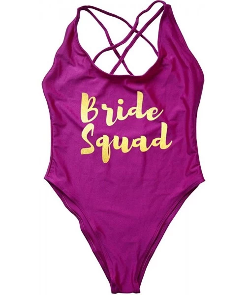 One-Pieces Letter Print Vintage Stappy Cross Back Birde One Piece Swimsuit High Leg Swimwear Bathing Suit Bridesquad purple g...