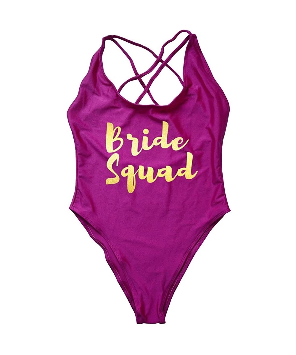 One-Pieces Letter Print Vintage Stappy Cross Back Birde One Piece Swimsuit High Leg Swimwear Bathing Suit Bridesquad purple g...