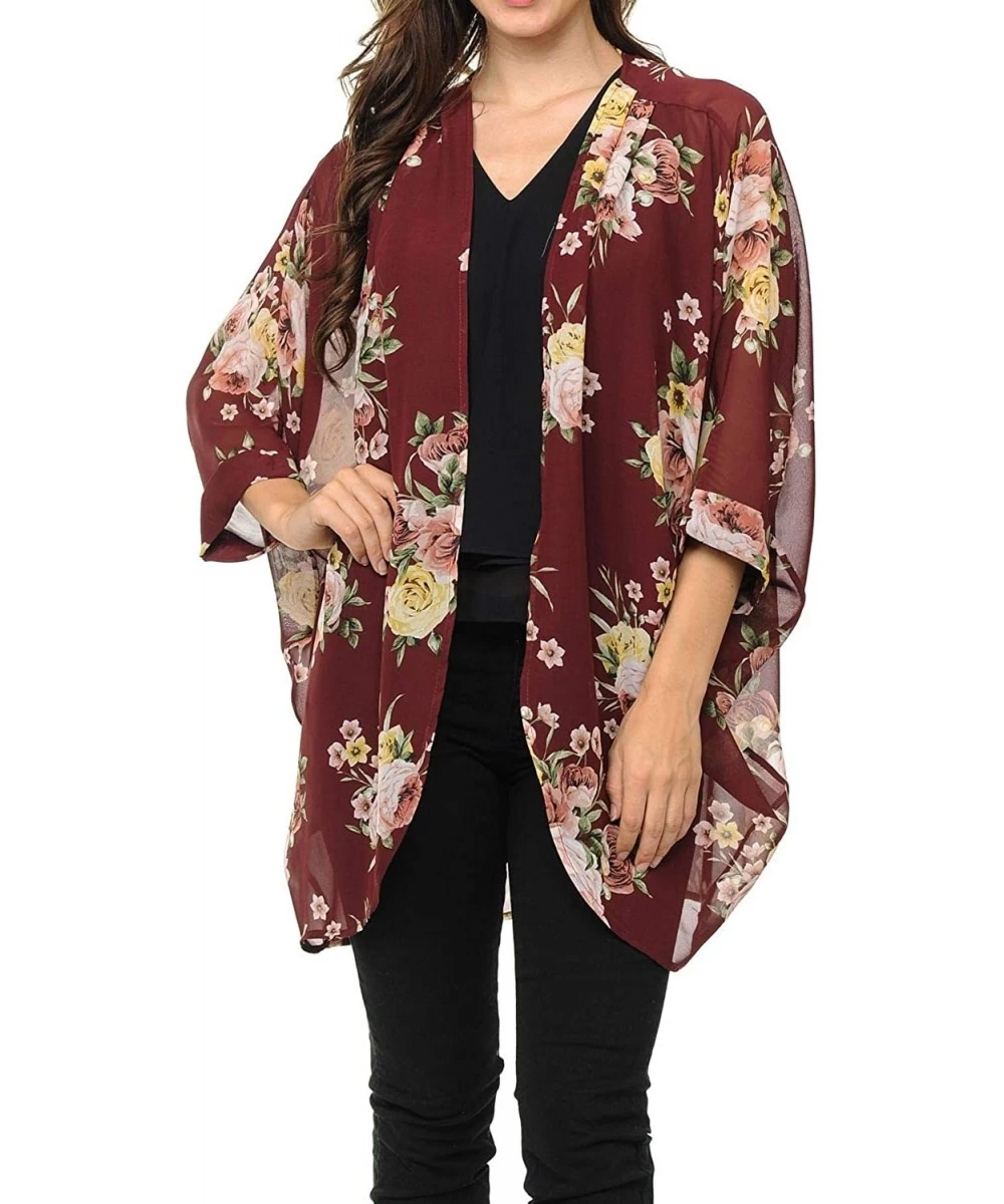 Cover-Ups Womens USA Made Casual Cover Up Cape Gown Robe Cardigan Kimono - Kslfbw1 - English Rose Floral - Burgundy - C718IQG...