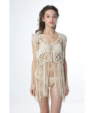 Cover-Ups Sleeveless Crochet Long Tassels Fringe Vest 70s Cover up Hippie Clothes for Women Free Size - Apricot - CL185TLSLKO