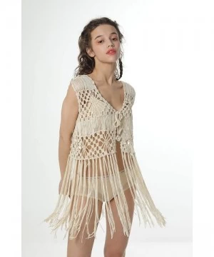 Cover-Ups Sleeveless Crochet Long Tassels Fringe Vest 70s Cover up Hippie Clothes for Women Free Size - Apricot - CL185TLSLKO