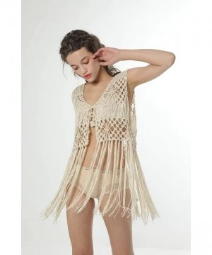 Cover-Ups Sleeveless Crochet Long Tassels Fringe Vest 70s Cover up Hippie Clothes for Women Free Size - Apricot - CL185TLSLKO