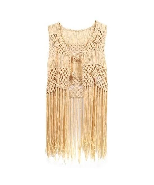 Cover-Ups Sleeveless Crochet Long Tassels Fringe Vest 70s Cover up Hippie Clothes for Women Free Size - Apricot - CL185TLSLKO