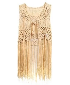 Cover-Ups Sleeveless Crochet Long Tassels Fringe Vest 70s Cover up Hippie Clothes for Women Free Size - Apricot - CL185TLSLKO