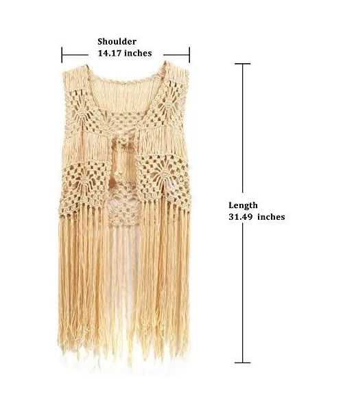 Cover-Ups Sleeveless Crochet Long Tassels Fringe Vest 70s Cover up Hippie Clothes for Women Free Size - Apricot - CL185TLSLKO