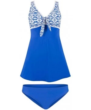 Sets Women Plus Size Swimsuit Fashion National Style Print Bow Tankini Bikini Swimwear Push-Up Bathing Suit - Blue 2 - CH194H...