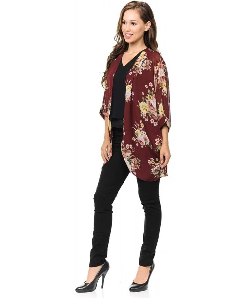 Cover-Ups Womens USA Made Casual Cover Up Cape Gown Robe Cardigan Kimono - Kslfbw1 - English Rose Floral - Burgundy - C718IQG...