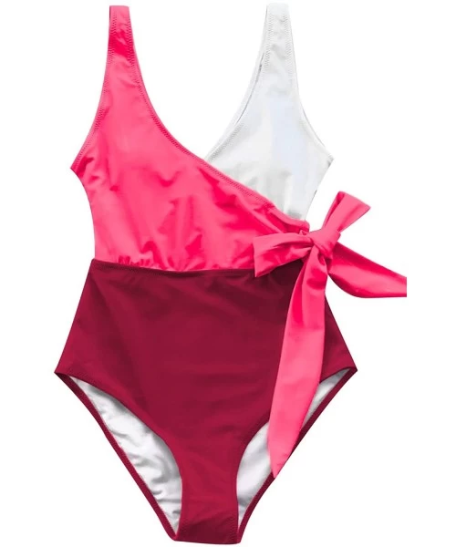 One-Pieces Women's Orange White Bowknot Bathing Suit Padded One Piece Swimsuit - Red White - C7194R8G00W