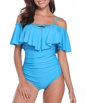 One-Pieces Sexy One Piece Swimsuit for Women Tummy Control Off Shoulder Flounce Ruffle Bathing Suit - F-light Blue - C818EXWZQ24