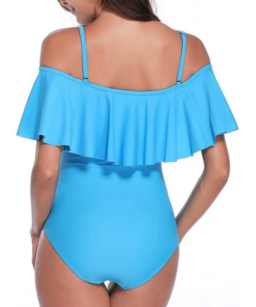 One-Pieces Sexy One Piece Swimsuit for Women Tummy Control Off Shoulder Flounce Ruffle Bathing Suit - F-light Blue - C818EXWZQ24