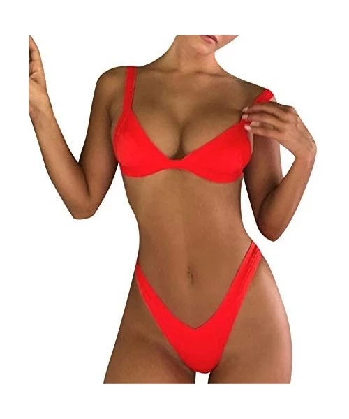 Sets 2019 Charming Women Triangle Bra Bikini Set High Waist Thong Swimsuit - Red - CZ18M78KIKC