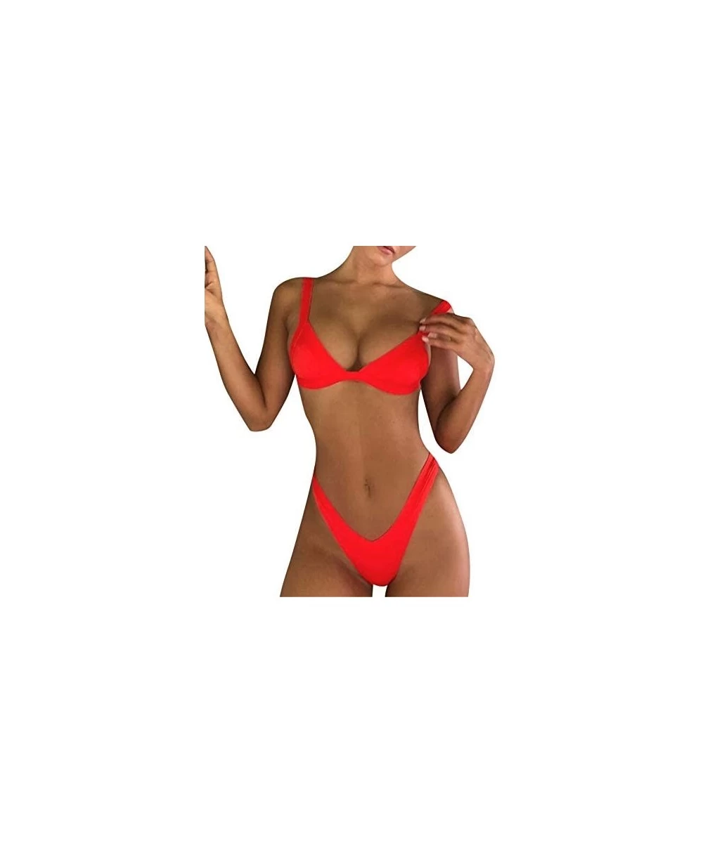 Sets 2019 Charming Women Triangle Bra Bikini Set High Waist Thong Swimsuit - Red - CZ18M78KIKC