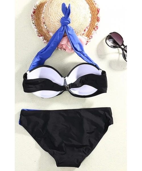 Sets Women's 5 Colors Sexy Elegant Vintage Push up Medium Waisted Halter Two Piece Set Bikini Swimsuits - Blue - CI1827GXNLR