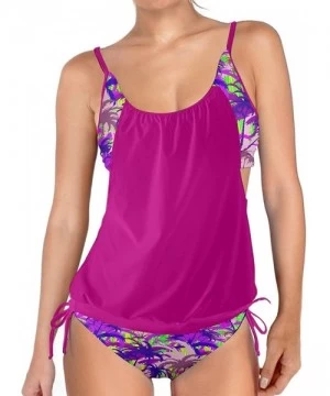 Tankinis Womens Lined Up Tankini Top with Panty Two Pieces Swimsuit Swimwear Set- XS-3XL - Magenta Jungle - CK18322TA4R