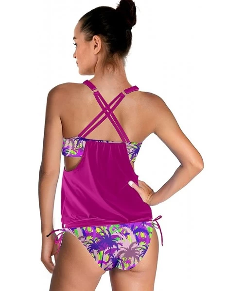 Tankinis Womens Lined Up Tankini Top with Panty Two Pieces Swimsuit Swimwear Set- XS-3XL - Magenta Jungle - CK18322TA4R