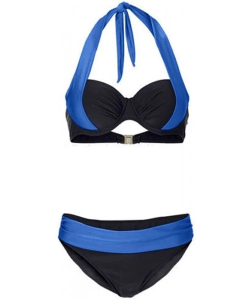 Sets Women's 5 Colors Sexy Elegant Vintage Push up Medium Waisted Halter Two Piece Set Bikini Swimsuits - Blue - CI1827GXNLR