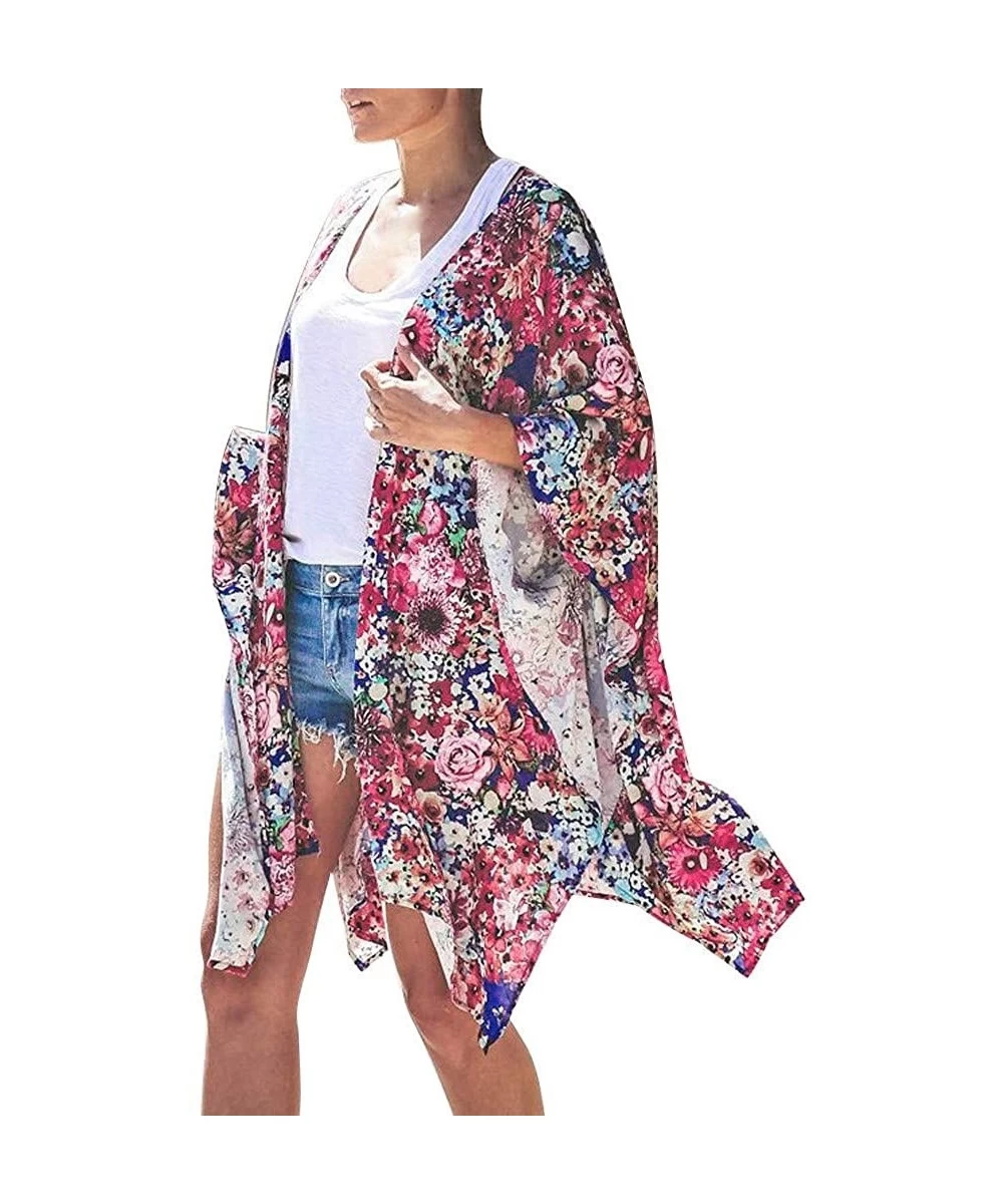 Cover-Ups Print Long Cardigan Summer Beach Swim Bathing Cover Ups for Women - Red-2 - CP18S2M63N6