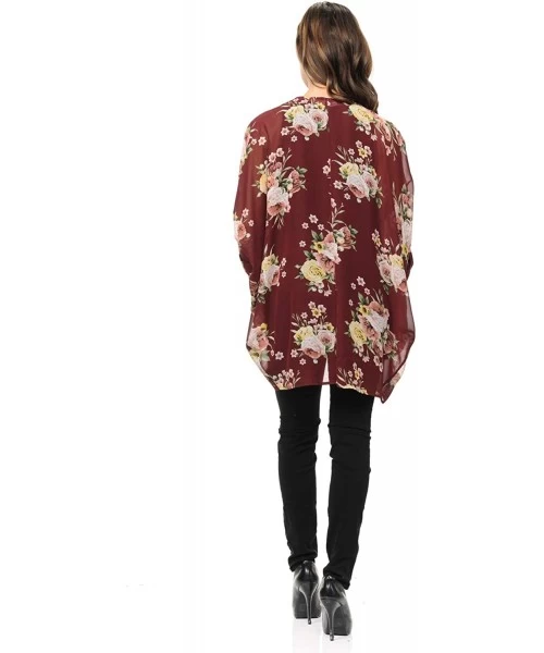 Cover-Ups Womens USA Made Casual Cover Up Cape Gown Robe Cardigan Kimono - Kslfbw1 - English Rose Floral - Burgundy - C718IQG...