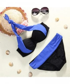 Sets Women's 5 Colors Sexy Elegant Vintage Push up Medium Waisted Halter Two Piece Set Bikini Swimsuits - Blue - CI1827GXNLR