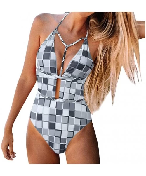 One-Pieces Women's Sexy Deep Plunge Halter One Piece Swimsuit Backless Criss Cross Monokini Swimwear Color Block Bathing Suit...