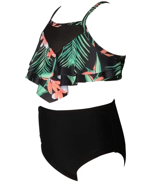 Racing Women 2Pcs Fancy Mom and Me Bathing Suits Swimwear Family Matching Swimsuit Girls Bikini Sets Green Floral + Black - C...