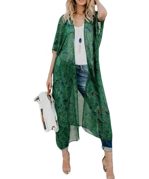 Cover-Ups Chiffon Open Front Printing Kimono Beachwear Swimwear Long Cover Up - 1 - CW199XY5LC8