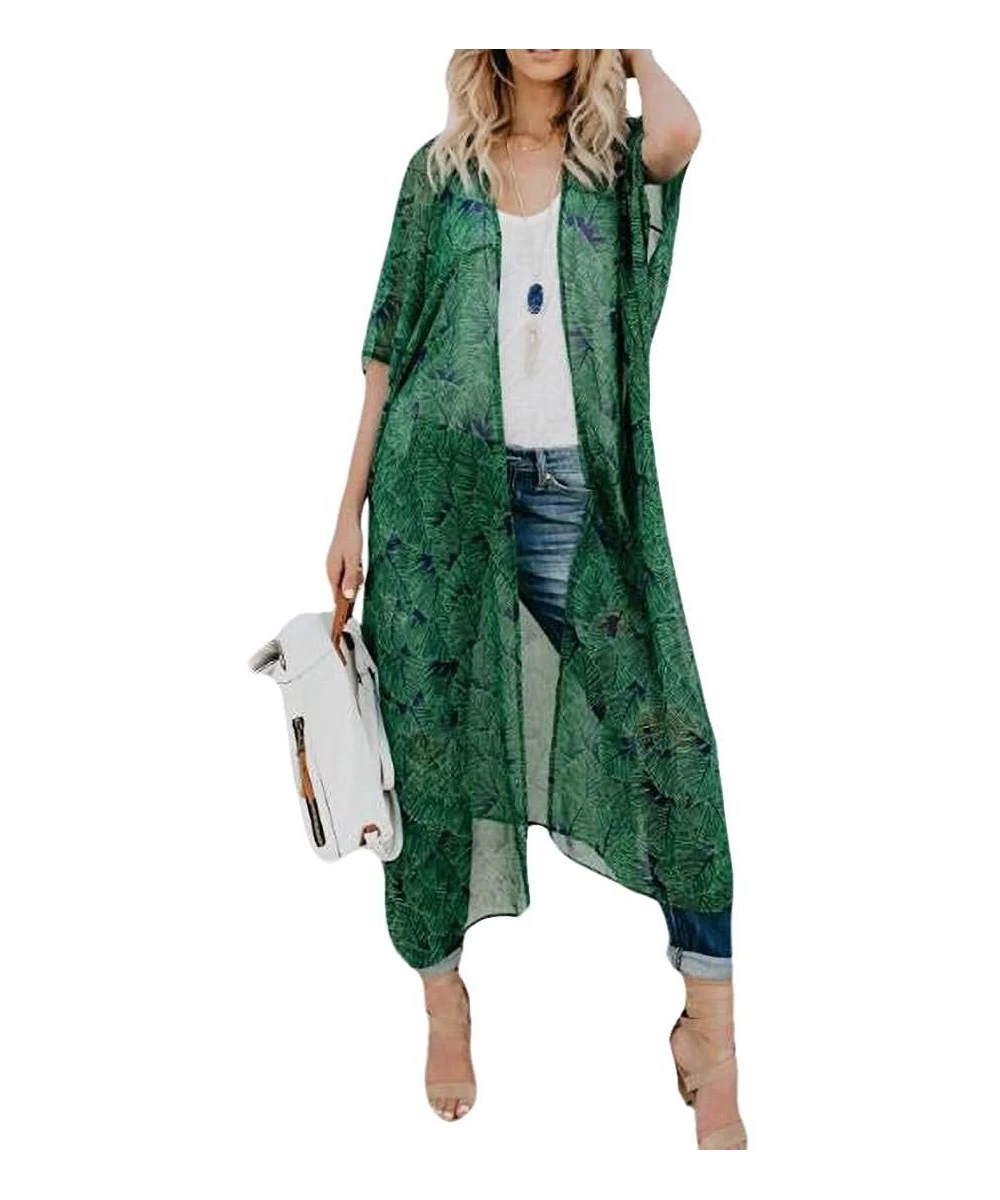 Cover-Ups Chiffon Open Front Printing Kimono Beachwear Swimwear Long Cover Up - 1 - CW199XY5LC8