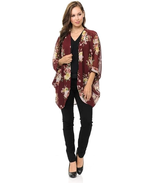 Cover-Ups Womens USA Made Casual Cover Up Cape Gown Robe Cardigan Kimono - Kslfbw1 - English Rose Floral - Burgundy - C718IQG...