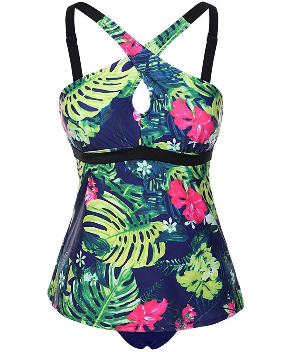 Tankinis Women's Two Pieces Swimsuits Criss Cross Front Padded Tankini Set - Green - CS18DWZQA0N