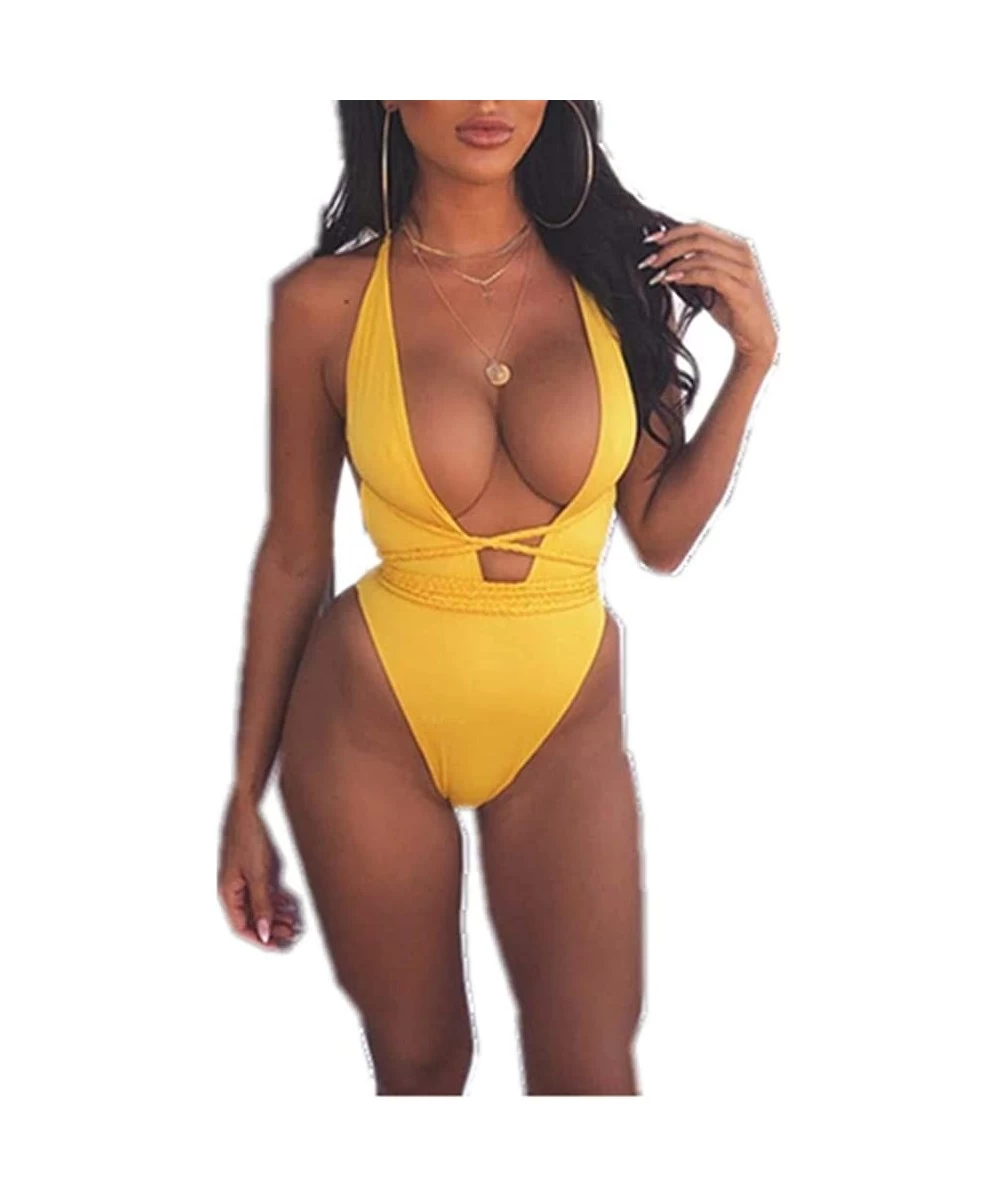 One-Pieces Women's Sexy One Piece Swimsuit Plunge Neck Bikini High Waist Swimwear Drawstring Wrap Bathing Suit Swim Suit Yell...