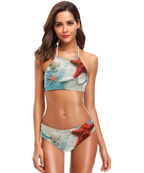 Sets Penguin Print 2 Pcs Halter High Waist Swimsuit Bathing Set for Woman Girls Red Starfish Seashells on Blue Wooden - CI18Q...