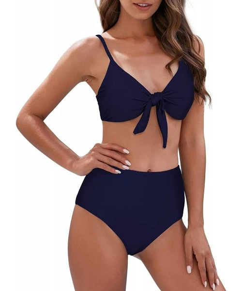 Sets Women's High Waisted Bikini with Push Up Top Tummy Control Two Piece Sexy Swimsuits Bathing Suits - Navy Knot - C41948EG5YU