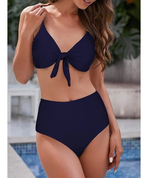 Sets Women's High Waisted Bikini with Push Up Top Tummy Control Two Piece Sexy Swimsuits Bathing Suits - Navy Knot - C41948EG5YU