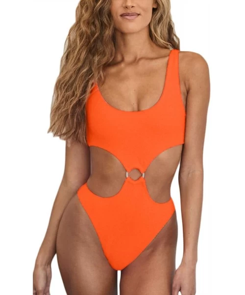 One-Pieces Womens Sexy Low Scoop Neck High Waist Monokini Cutout One Piece Swimsuit - Orange - CK193QU50Y0