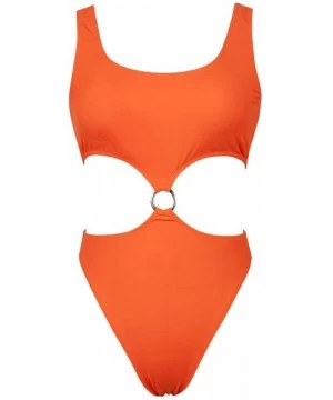 One-Pieces Womens Sexy Low Scoop Neck High Waist Monokini Cutout One Piece Swimsuit - Orange - CK193QU50Y0