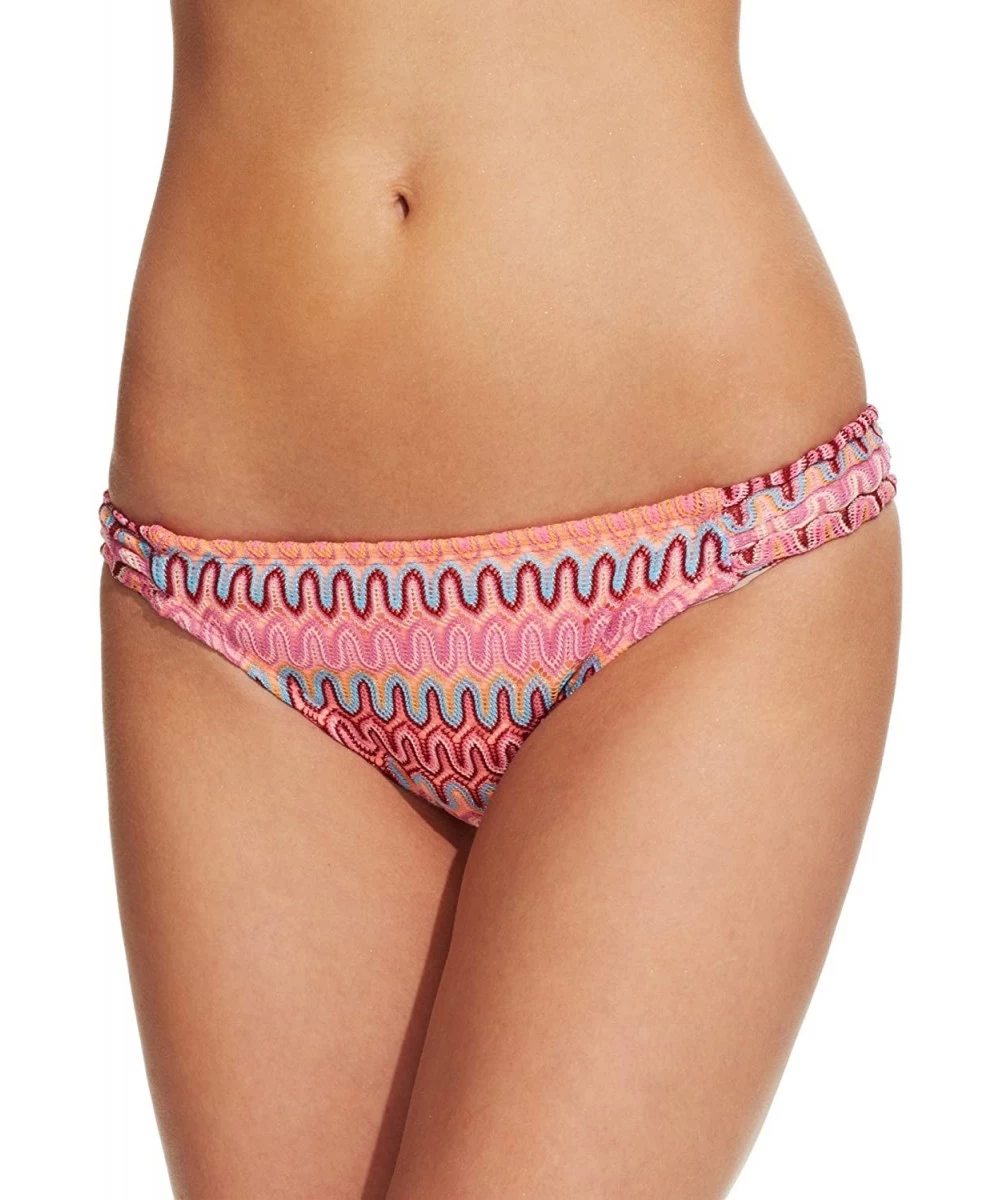 Bottoms Junior's Printed Crochet Hipster Bikini Bottom (Pink- Medium) - C8129VHVXXR