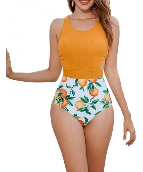 Racing One Piece Swimsuits for Women High Waisted Bathing Suit Monokini Floral Print Cutout Racerback Zip Up - Ginger - CO198...