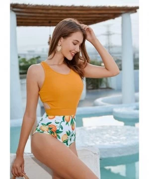 Racing One Piece Swimsuits for Women High Waisted Bathing Suit Monokini Floral Print Cutout Racerback Zip Up - Ginger - CO198...