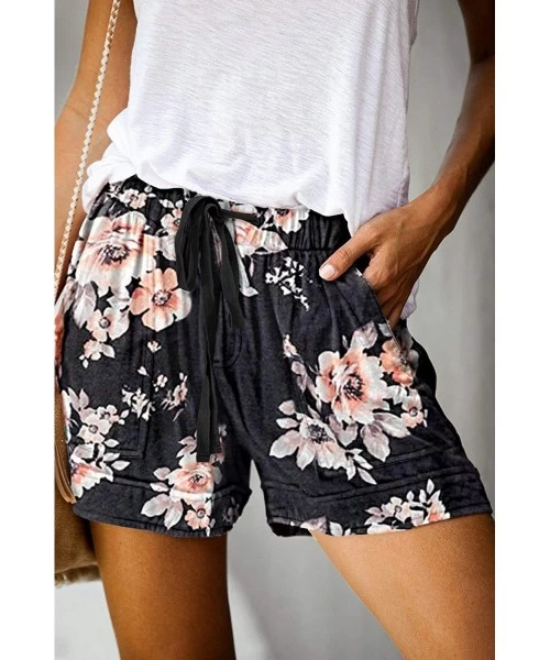 Board Shorts Womens Casual Drawstring Pocketed Shorts Summer Loose Athletic Sports Short Pants - B_black&floral - CJ190832W5R