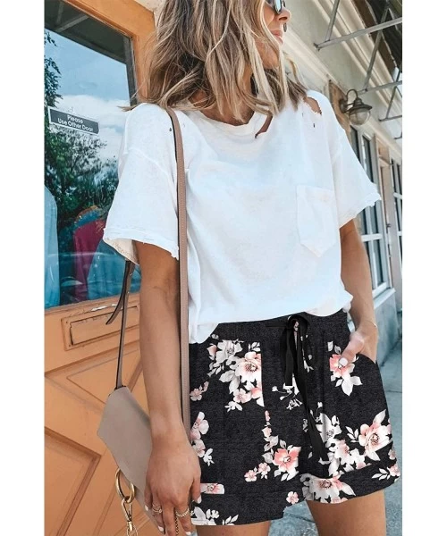 Board Shorts Womens Casual Drawstring Pocketed Shorts Summer Loose Athletic Sports Short Pants - B_black&floral - CJ190832W5R