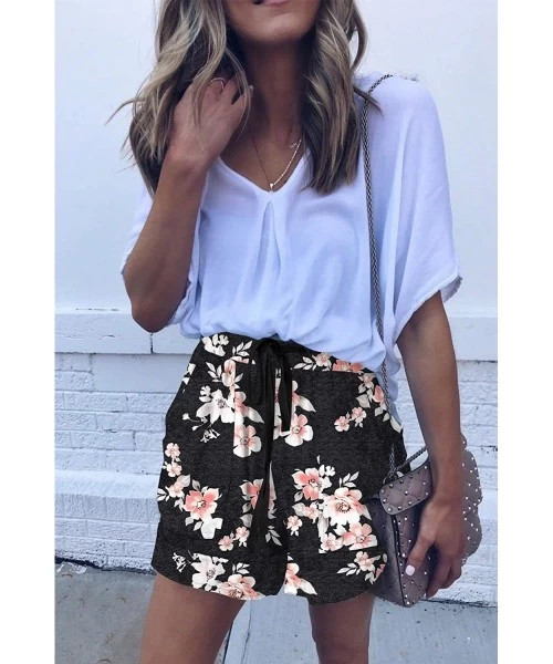 Board Shorts Womens Casual Drawstring Pocketed Shorts Summer Loose Athletic Sports Short Pants - B_black&floral - CJ190832W5R