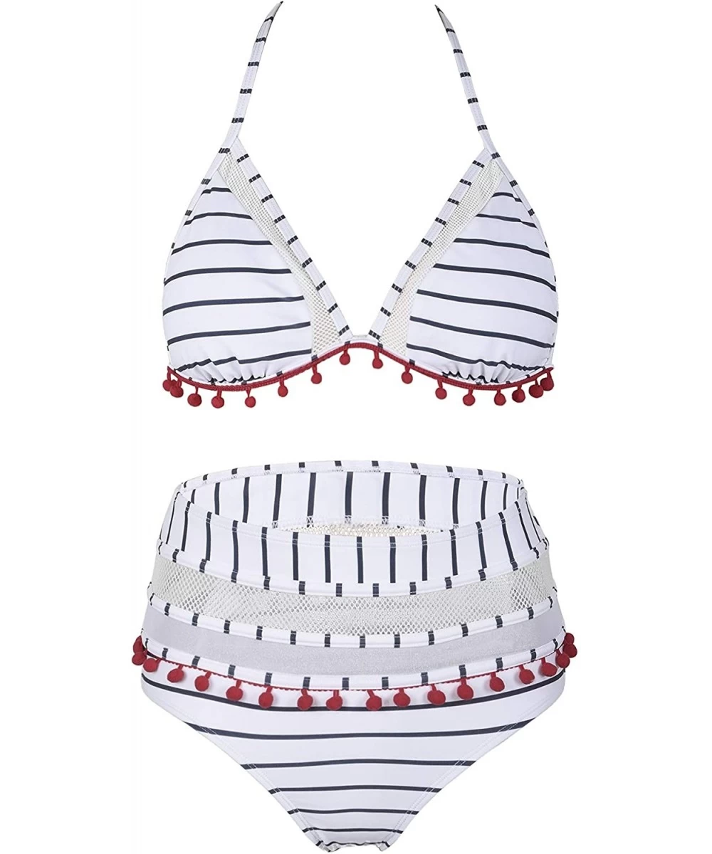 Sets Women's High Waisted Bikini Mesh Striped Two Piece Bathing Suits Tassel Trim Halter Swimsuits - White Stripe - CQ18TWZTQX7