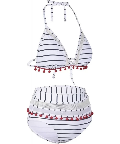 Sets Women's High Waisted Bikini Mesh Striped Two Piece Bathing Suits Tassel Trim Halter Swimsuits - White Stripe - CQ18TWZTQX7