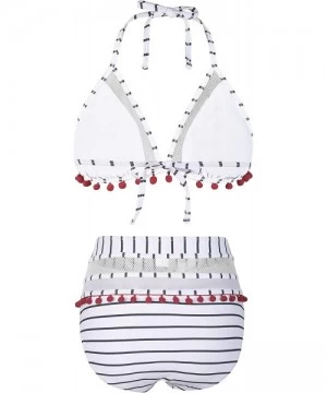 Sets Women's High Waisted Bikini Mesh Striped Two Piece Bathing Suits Tassel Trim Halter Swimsuits - White Stripe - CQ18TWZTQX7