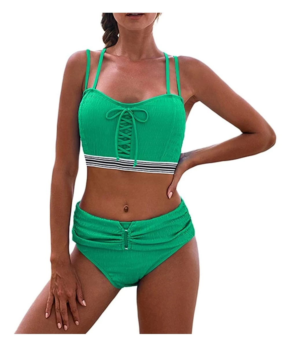 Sets Womens Bikini Swimsuit Strappy Crisscross Two Piece Ruched Swimsuit High Waisted Bikinis Sets - Green - C919CZWTKH2