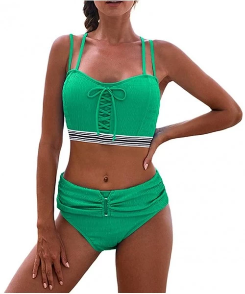 Sets Womens Bikini Swimsuit Strappy Crisscross Two Piece Ruched Swimsuit High Waisted Bikinis Sets - Green - C919CZWTKH2