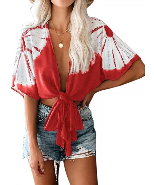 Cover-Ups Womens Cover Ups Short Sleeve Tie Front Floral Knit Shirts Crop Tops Kimonos Beachwear Bathing Suits - Red - C7194U...